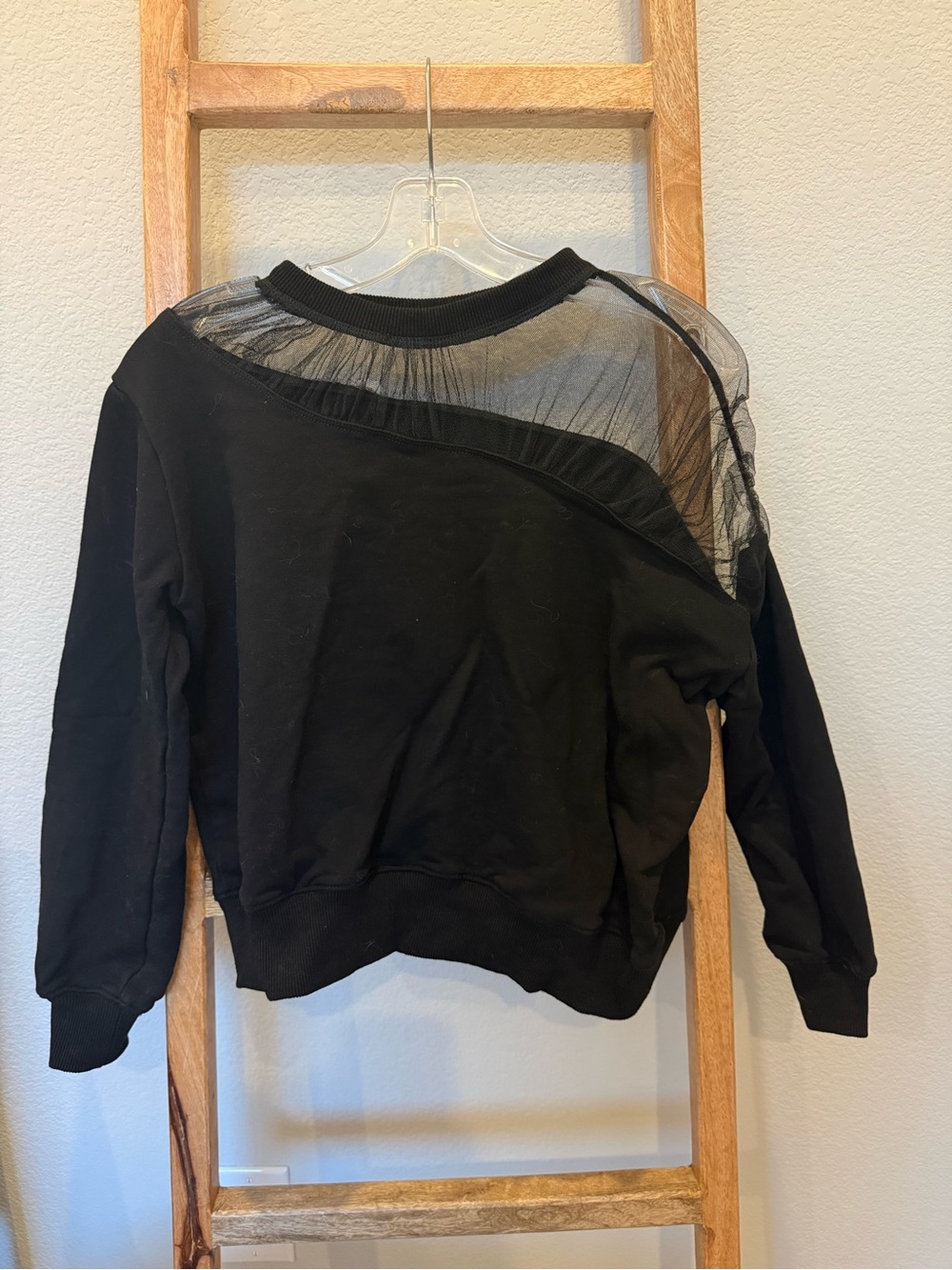 Women's Black Sheer-Yoke Pullover Sweatshirt